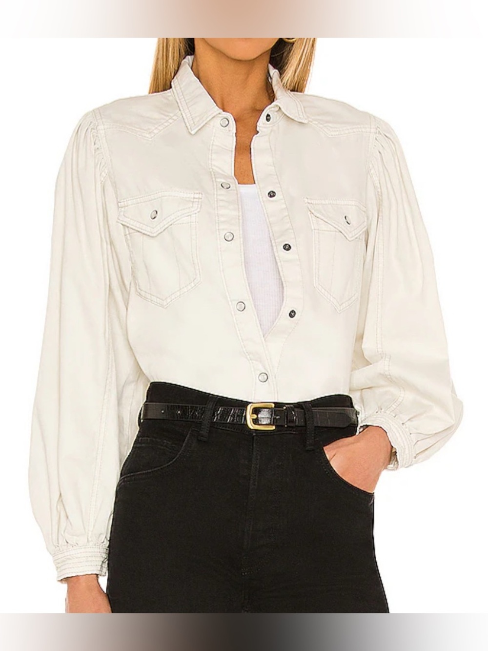 Free People We The Free With Love Denim Top Cream Balloon Sleeve Large